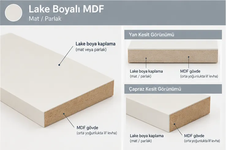 Lake Boyalı MDF — yüzey, yan kesit ve çapraz kesit görünümü
