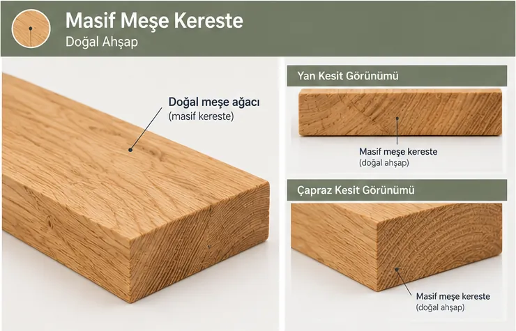 Masif Meşe Kereste — yüzey, yan kesit ve çapraz kesit görünümü