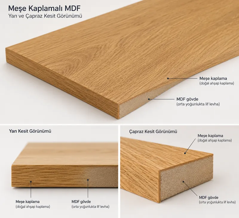 Meşe Kaplamalı MDF — yüzey, yan kesit ve çapraz kesit görünümü